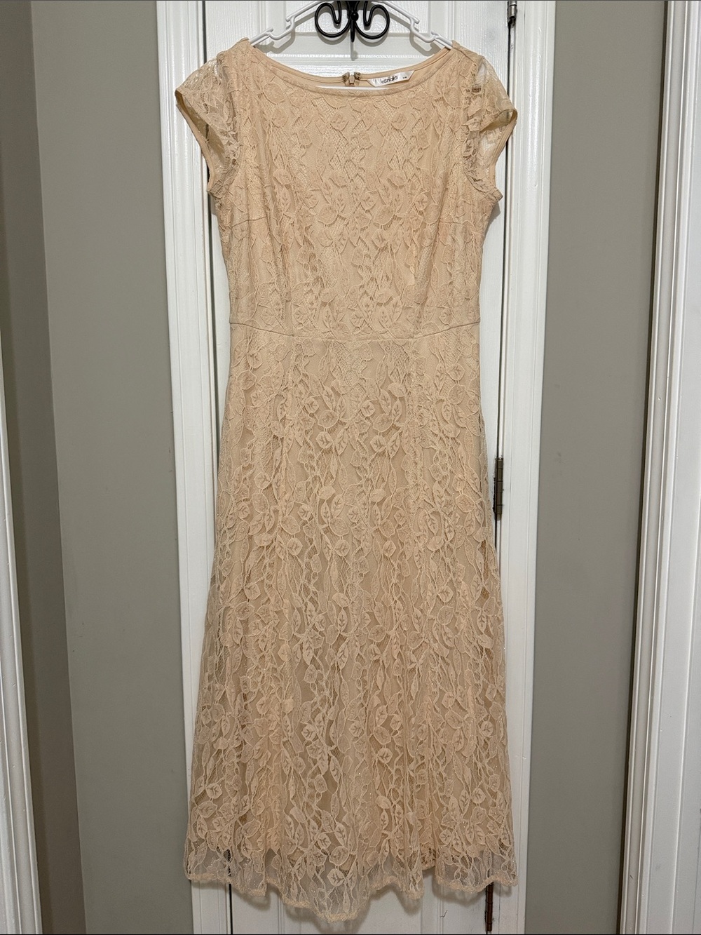 eshakti Beige Lace Maxi Dress with Cap Sleeves